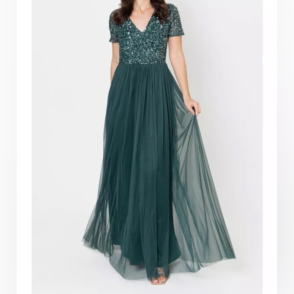 Maya Petite Emerald Green Embellished Satin Midi Dress